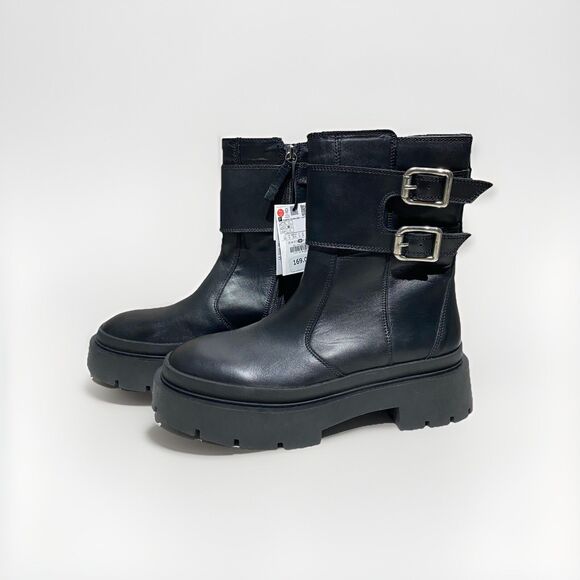 ZARA Chunky Lug Sole Ankle Boots Black Leather Buckles Side Zip Moto Y2K Size 8 - Picture 1 of 10